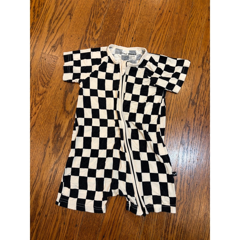 Little Trouble Toddler Checkered Bamboo Romper Black White 2T Zipper